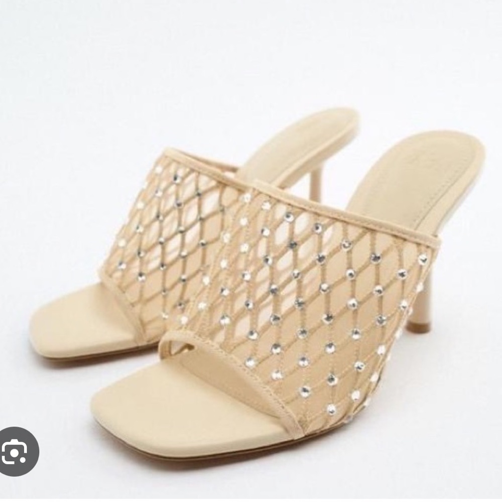 New Zara Rhinestone Cream Mesh Slide Heels 3814/910 Size 7.5